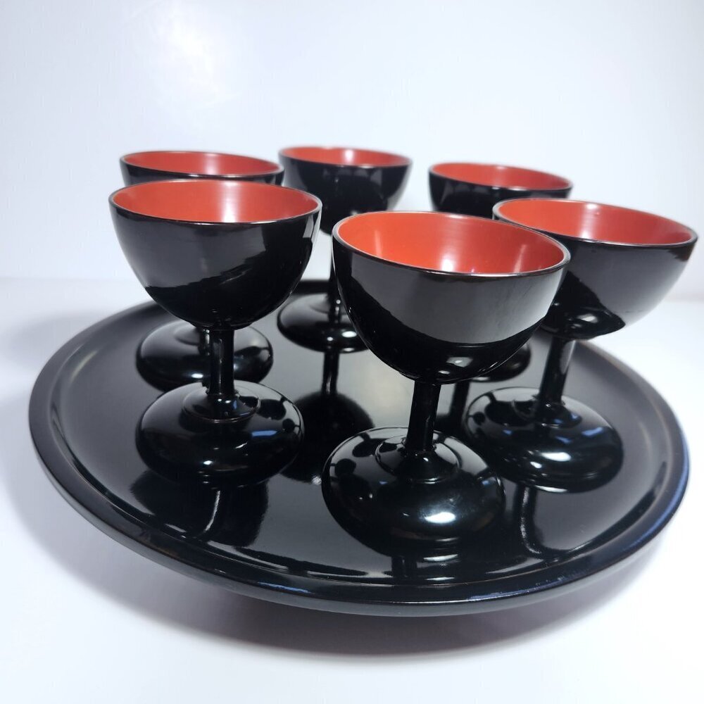 Vintage Okinawa Bembo Lacquerware Sake Set – 6 Cups + Tray – Japanese Decor - Picture 2 of 12